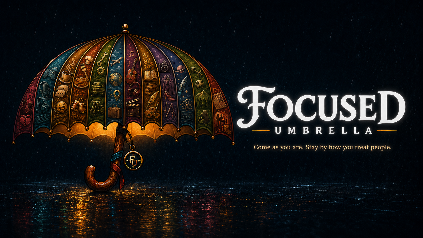 A colorful Focused Umbrella sheltering symbols for games, music, books, conversation, travel, food, and everyday life in the rain.